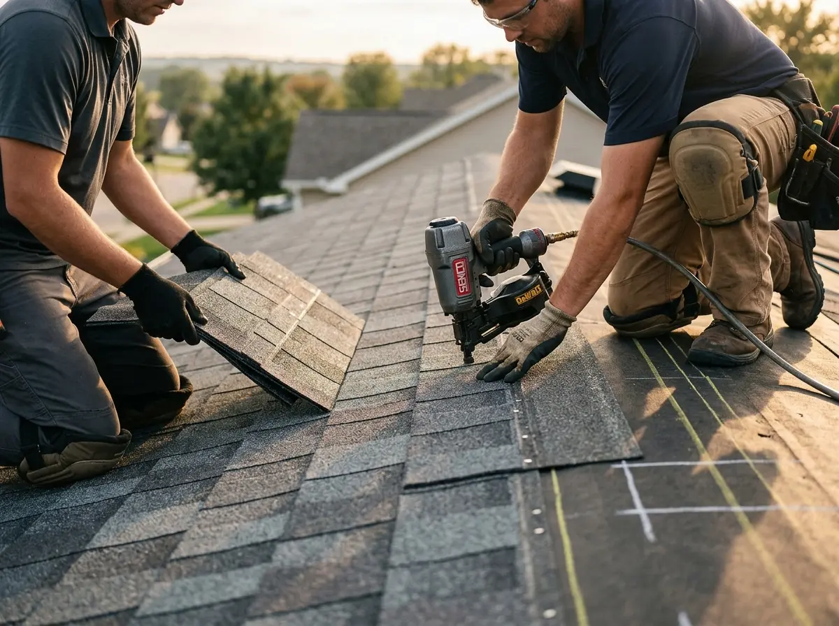 Professional roofer working on a residential roof in D'Iberville